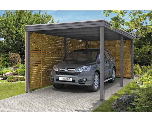 Carport pour un véhicule SKAN HOLZ de forme cubique avec panneaux latéraux et arrière, 294 x 574 cm, gris