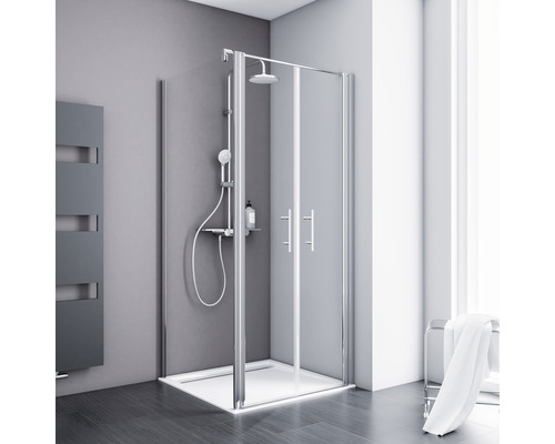 Porte de douche avec paroi latérale avec porte battante SCHULTE Alexa Style 2.0 ExpressPlus 90 x 90 cm couleur du profilé aluminium décor de vitre verre transparent avec verre antitache poignée barre Cabine de douche avec ensemble de douche dans la salle de bain
