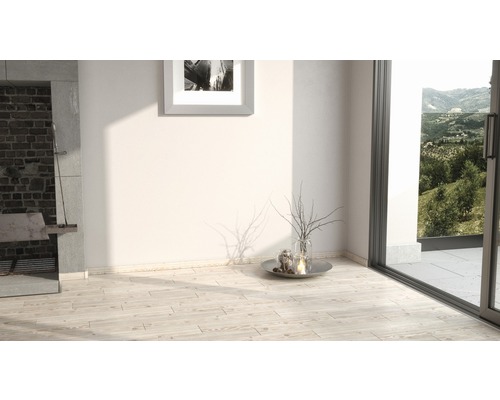 Pièce lumineuse avec parquet, cheminée et fenêtre avec vue