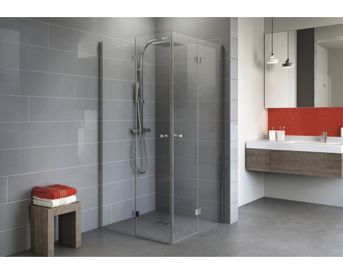 Accès d'angle avec porte pivotante pliante SCHULTE Alexa Style 2.0 ExpressPlus 90 x 90 cm couleur du profilé aluminium décor de vitre verre transparent avec verre antitache butée de porte à gauche butée de porte à droite