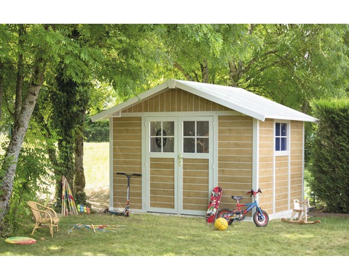 Abri de jardin Grosfillex Deco avec 315 x 239 cm bois Jardin avec abri de jardin, jouets et arbres