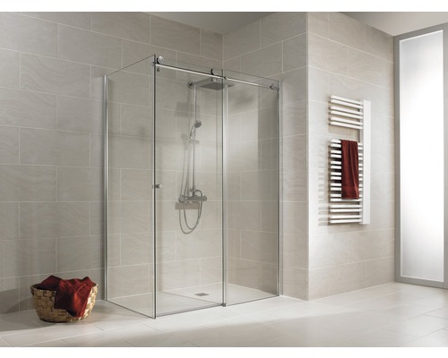 Porte de douche avec paroi latérale avec porte coulissante SCHULTE MasterClass ExpressPlus 120 x 80 cm couleur du profilé chrome décor de vitre verre transparent avec verre antitache butée de porte à droite butée de paroi latérale à gauche