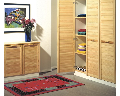 Intérieur clair et convivial avec armoire en bois, commode et tapis rouge.