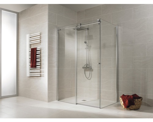 Porte de douche avec paroi latérale avec porte coulissante SCHULTE MasterClass ExpressPlus 120 x 80 cm couleur du profilé chrome décor de vitre verre transparent avec verre antitache butée de porte à gauche butée de paroi latérale à droite