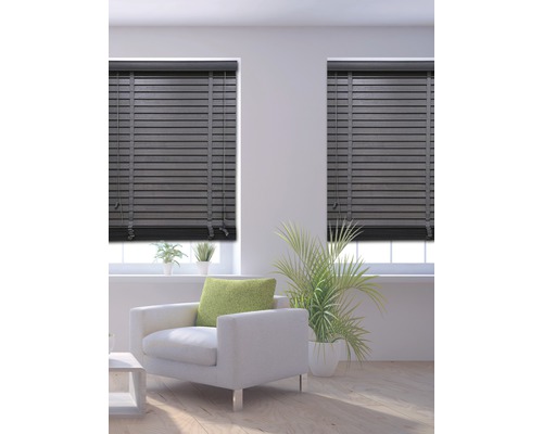 Deux fenêtres avec stores horizontaux dans un salon