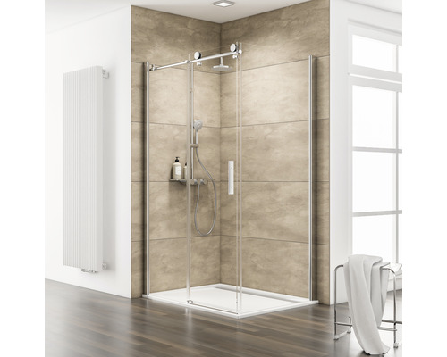 Porte de douche avec paroi latérale avec porte coulissante SCHULTE MasterClass ExpressPlus 120 x 90 cm couleur du profilé chrome décor de vitre verre transparent avec verre antitache butée de porte à gauche butée de paroi latérale à droite