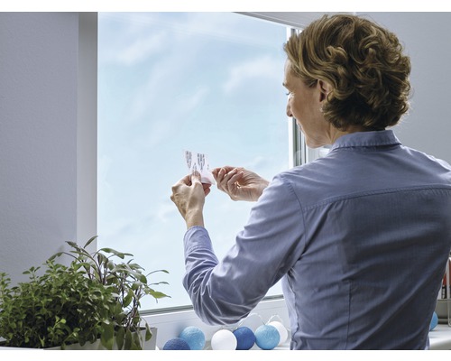 Frau befestigt Klebestreifen am Fenster
