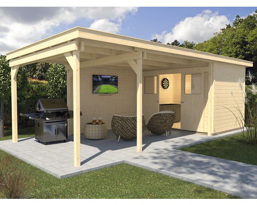 Abri de jardin weka Man Cave Play & Relax taille 2 avec plancher et toiture latérale, 647x299 cm, nature