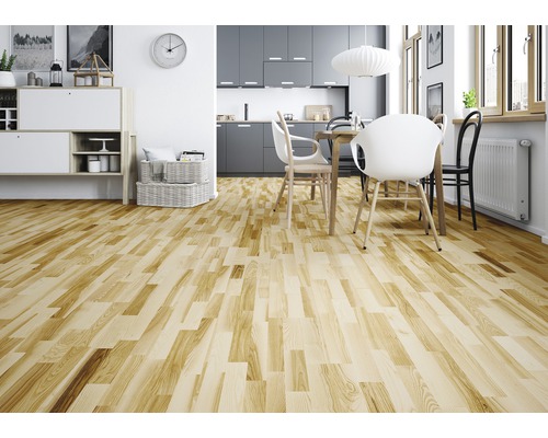 Espace de vie lumineux avec parquet, table à manger et kitchenette