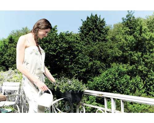 Femme arrose des fleurs sur un balcon avec un arrosoir