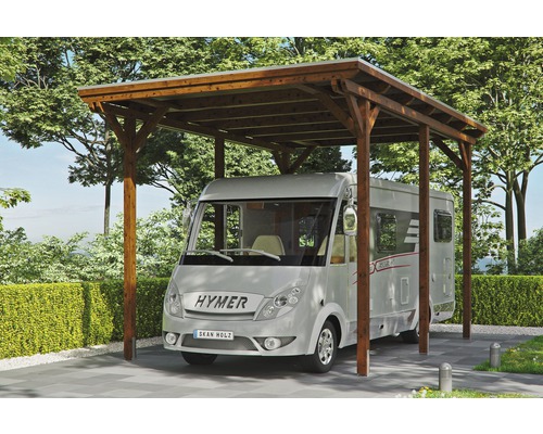 Carport pour un véhicule Skanholz Emsland 404 x 604 cm, noyer Abri camping-car en bois avec véhicule