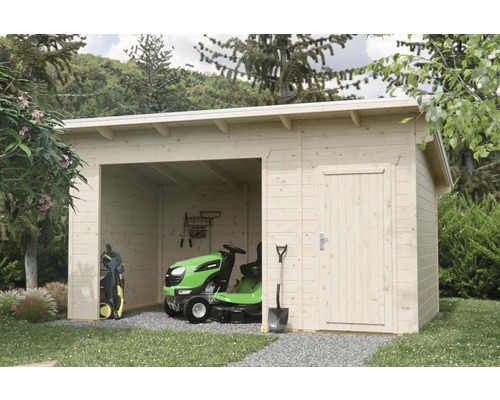 Abri SKAN HOLZ kNut avec débarras 430x250 cm naturel Abri de jardin en bois avec tracteur de pelouse, nettoyeur haute pression et outils de jardin à l''extérieur