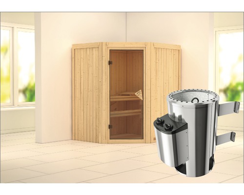 Sauna Plug & Play Karibu Monja avec poêle 3,6 kW et commande intégrée sans couronne avec porte entièrement vitrée coloris bronze