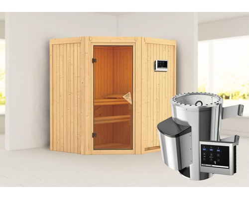 Sauna Plug & Play Karibu Monja avec poêle 3,6 kW et commande ext. sans couronne avec porte entièrement vitrée coloris bronze