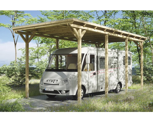 Carport pour un véhicule Skanholz Emsland 404 x 846 cm, naturel Abri de voiture en bois avec camping-car dans le jardin