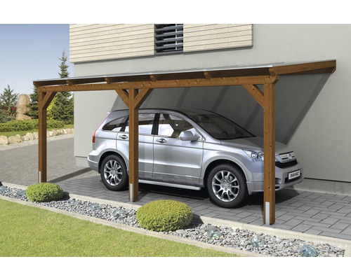 Carport simple SKAN HOLZ Vogtland avec ancrages pour poteaux 300x541 cm noyer