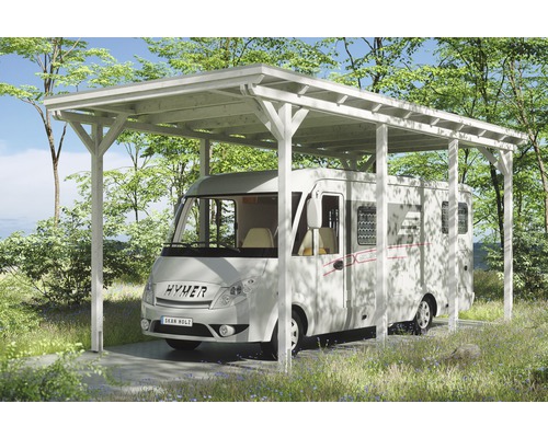 Carport pour un véhicule Skanholz Emsland 404 x 846 cm, blanc Camping-car sous un abri de voiture en bois à l''extérieur