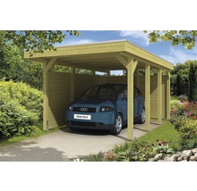 Holz Carport mit Auto im Garten