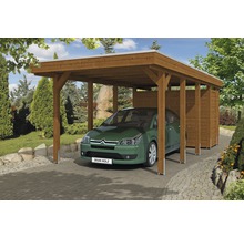 Carport aus Holz mit Geräteraum und darunter geparktem Auto