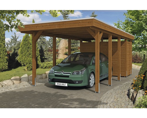 Carport pour un véhicule Skanholz Friesland 314 x 708 cm, noyer