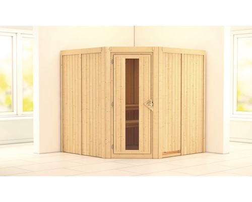 Sauna modulaire Karibu Jarina sans poêle et couronne avec porte en bois et verre à isolation thermique