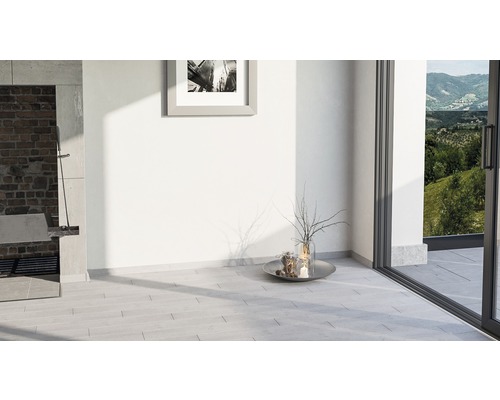 Heller Raum mit Fliesenboden, Kamin, Fenster und Dekoration