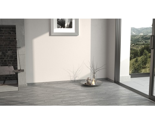 Intérieur avec carrelage imitation bois, cheminée et baie vitrée