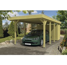 Holzcarport mit Geräteschuppen und geparktem Auto