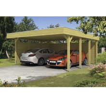 Doppelcarport aus Holz mit zwei geparkten Autos