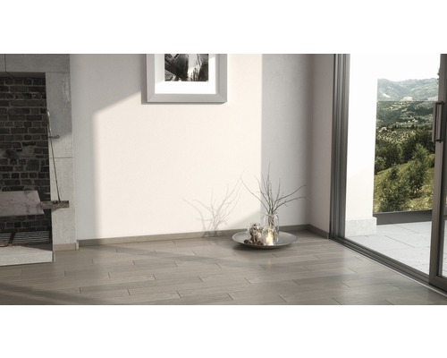 Intérieur avec plancher en bois, cheminée et vue sur la verdure
