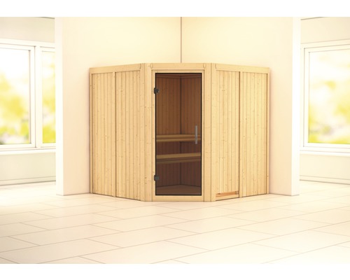 Sauna modulaire Karibu Jarina sans poêle avec couronne et porte entièrement vitrée coloris graphite