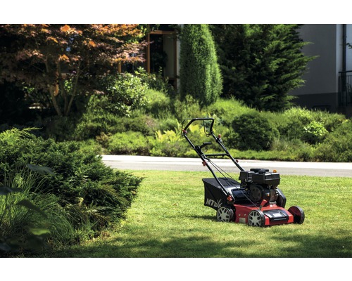 Tondeuse à gazon sur pelouse dans le jardin