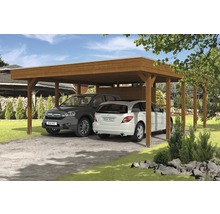 Holzcarport mit zwei parkenden Autos