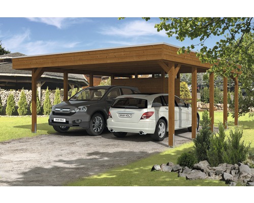 Doppelcarport SKAN HOLZ Friesland inkl. Abstellraum 557x708 cm nußbaum