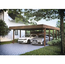 Doppelcarport aus Holz mit zwei geparkten Autos