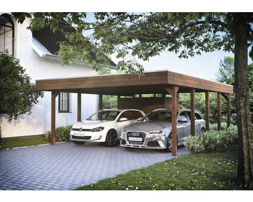 Double abri de voiture en bois avec deux voitures garées