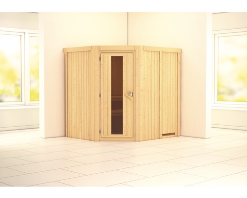 Sauna modulaire Karibu Siirina sans poêle et couronne avec porte en bois et verre à isolation thermique