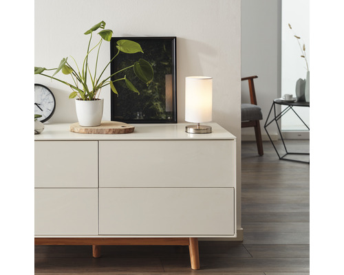 Scène de salon avec commode, lampe de table, plante d''intérieur et décoration