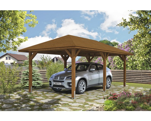 Carport simple SKAN HOLZ Taunus avec ancrages pour poteaux 374x656 cm noyer