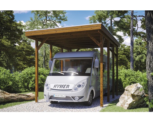 Carport pour un véhicule Skanholz Friesland 397 x 555 cm, noyer Abri de voiture en bois avec camping-car dans le jardin