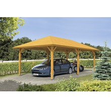 Carport en bois avec voiture et moto en dessous
