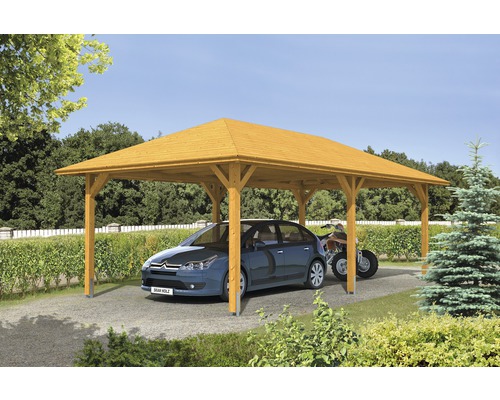 Carport simple SKAN HOLZ Taunus avec ancrages pour poteaux 439x786 cm chêne clair Carport simple SKAN HOLZ Taunus avec ancrages pour poteaux 439x786 cm chêne clair