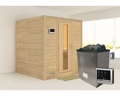 Sauna en bois massif Karibu Wojave avec poêle 9 kW et commande ext. sans couronne avec porte en bois avec verre à isolation thermique