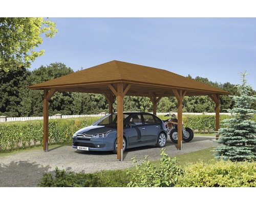 Carport simple SKAN HOLZ Taunus avec ancrages pour poteaux 439x786 cm noyer Carport simple SKAN HOLZ Taunus avec ancrages pour poteaux 439x786 cm noyer