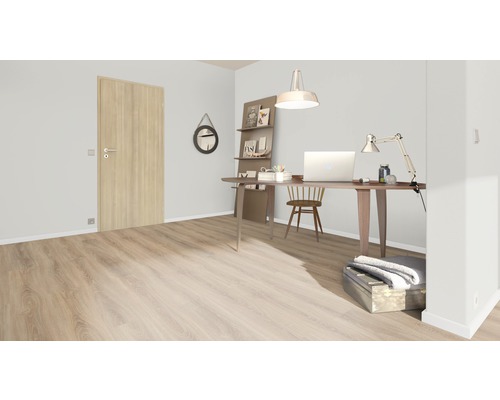 Helles Arbeitszimmer mit Schreibtisch, Stuhl, Regalen und Holztür.