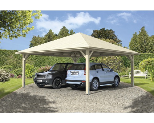 Carport double SKAN HOLZ Taunus avec ancrages pour poteaux 634x634 cm naturel Carport double SKAN HOLZ Taunus avec ancrages pour poteaux 634x634 cm naturel