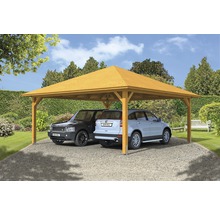 Doppelcarport aus Holz mit zwei geparkten Autos