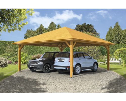 Carport double SKAN HOLZ Taunus avec ancrages pour poteaux 634x634 cm chêne clair Carport double SKAN HOLZ Taunus avec ancrages pour poteaux 634x634 cm chêne clair