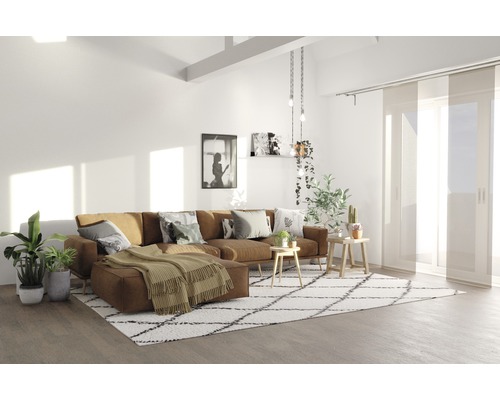 Salon avec canapé d''angle marron, tapis géométrique et plantes d''intérieur.