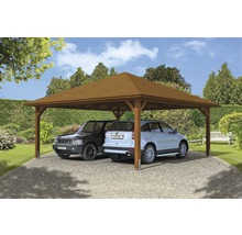 Doppelcarport aus Holz mit zwei geparkten Autos